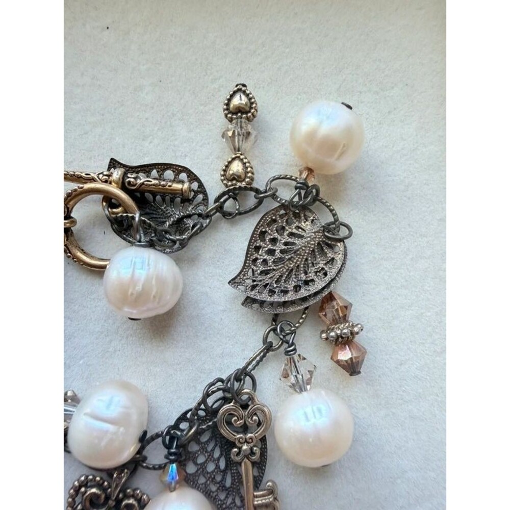Cold Tone Charm Bracelet With Freshwater Pearls